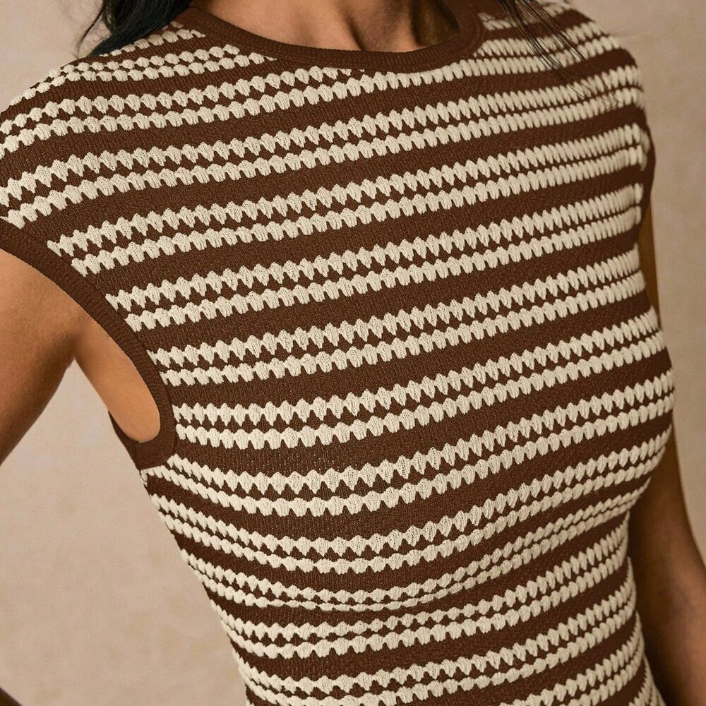 Brown Casual Women's Striped Round Neck Dolman Sleeve Dress - Picture 5 of 8